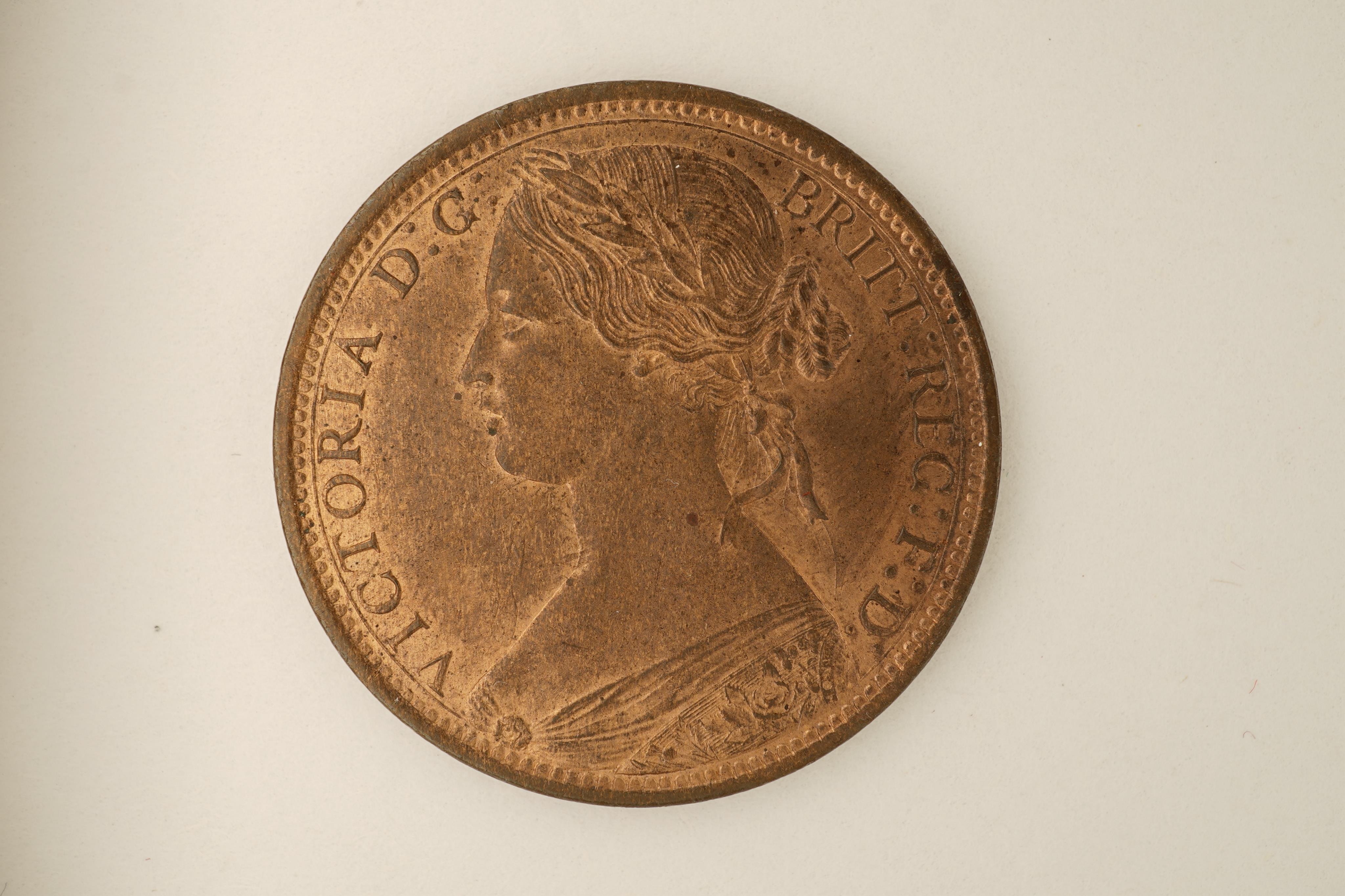 British coins, Victoria, two bronze pennies;, 1866, Fr. 52, Gouby dies J/G, EF, much lustre., 1867, Fr. 53, Gouby dies J/G, about EF, dark toned.